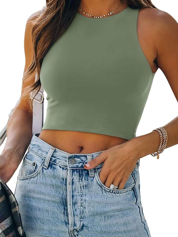 REORIA Butsmooth® Women's Sleeveless Halter Neck Double Lined Casual Basic Crop Tank Tops | Amazon (US)