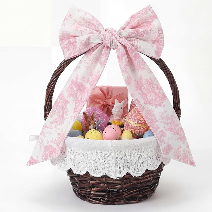Qinyoung Easter Wicker Basket with Bow Large Pink Gift Basket with Handle Scallop Liner for Sprin... | Amazon (US)