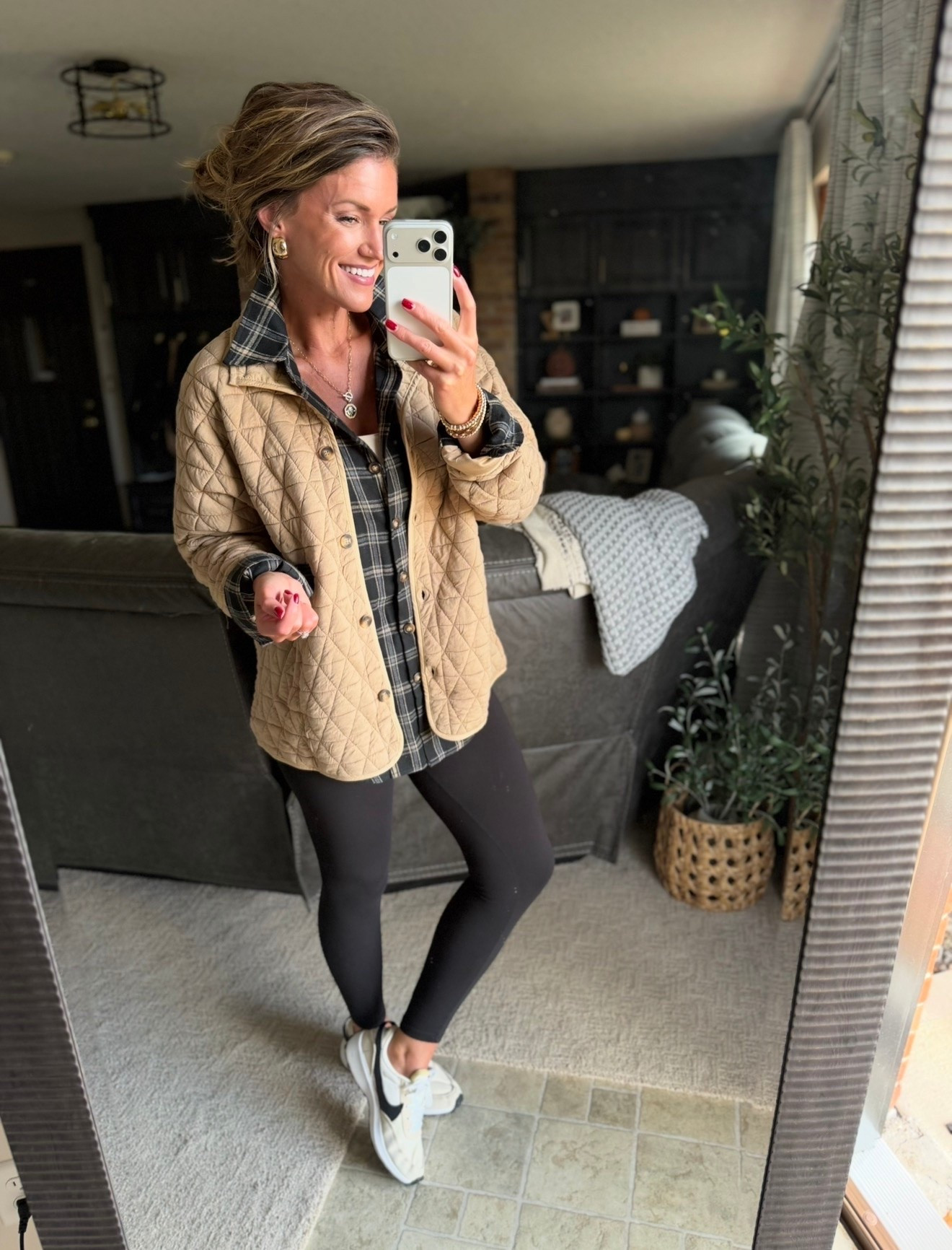 Fall layers. 
Button down medium
Leggings medium
Shacket small