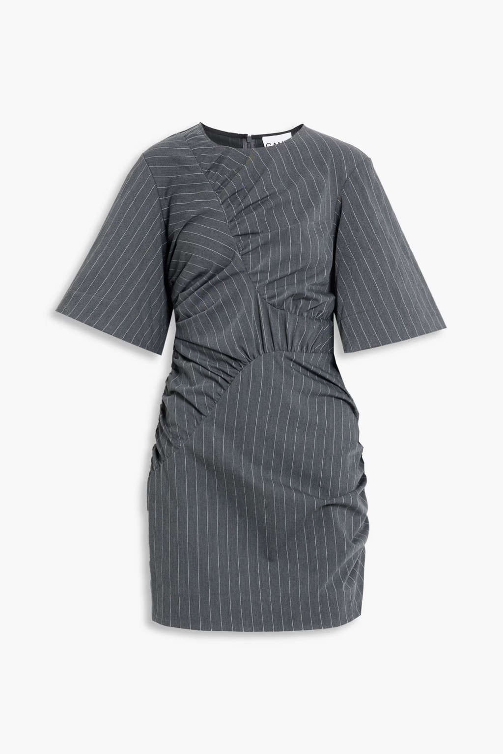 Anthracite Ruched pinstriped stretch-jacquard mini dress | GANNI | THE OUTNET | The Outnet (US and CA)