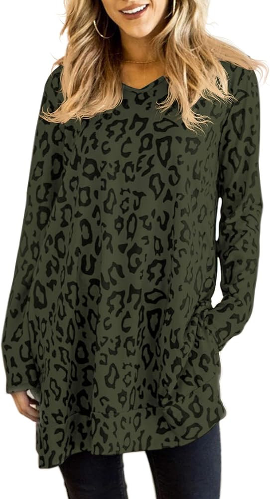 Womens Tunic Tops Leopard Print Shirt Long Sleeve V Neck Blouse | Amazon (US)
