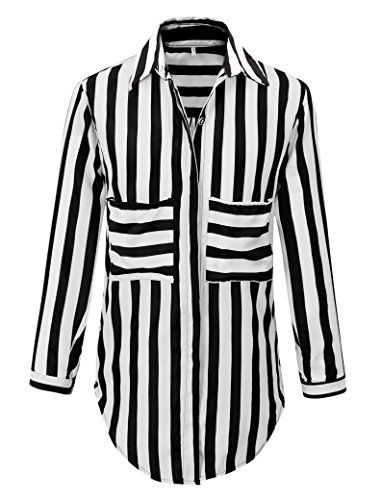 Benibos Women's White Black Striped Turn Down Collar Loose T-Shirt (L) | Amazon (US)