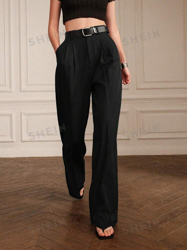 Anewsta Pantalones elegantes minimalistas con bolsillo y pliegues de unicolor para mujer | SHEIN ... | SHEIN