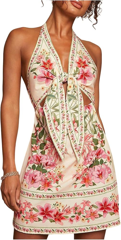 Women's Tropical Floral Backless Halter Dresses Cut Out Knot Front Sleeveless Vacation Short Dres... | Amazon (US)