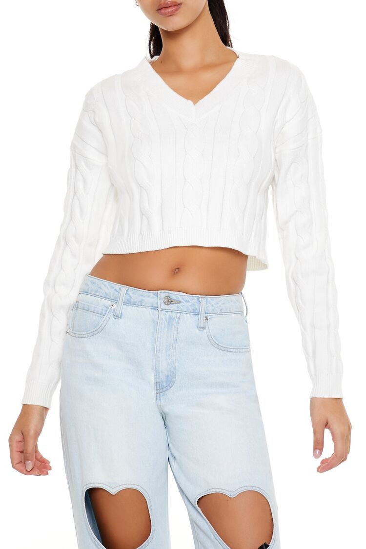 Women's Cropped Cable Knit Sweater in White Medium | Forever 21