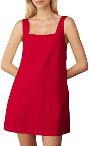 Burtell Summer Sleeveless Cotton Linen Mini Dresses for Women Casual Square Neck Backless Short D... | Amazon (US)