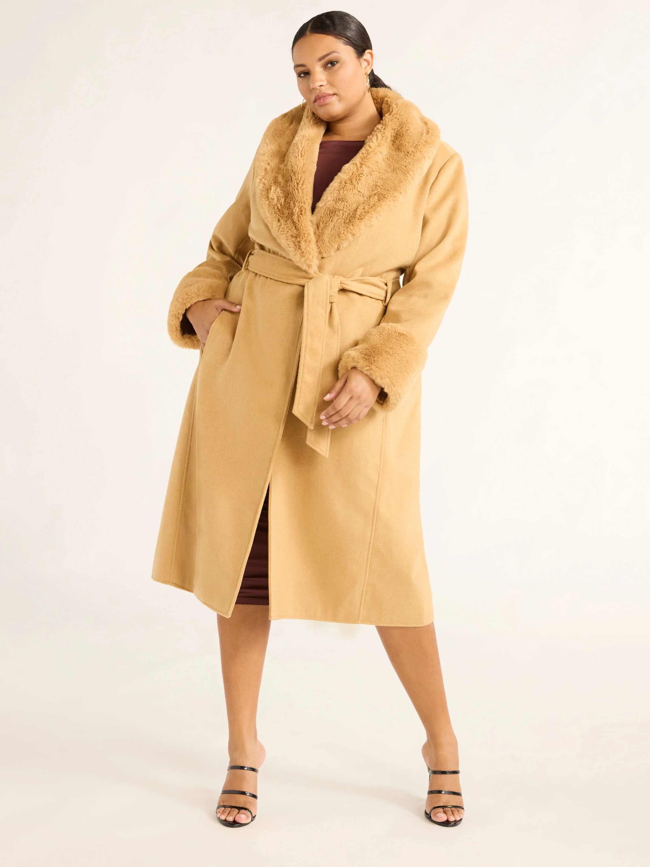 Sofia Jeans Women's and Women's Plus Faux Fur Trim Coat, Sizes XS-5X | Walmart (US)