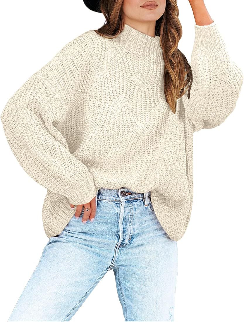 Women's Oversized Mock Turtle Neck Long Sleeve Casual Loose Fit Chunky Cable Knit Fall Pullover S... | Amazon (US)