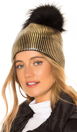 Fox Fur Pom Beanie in Gold Metallic | Revolve Clothing (Global)
