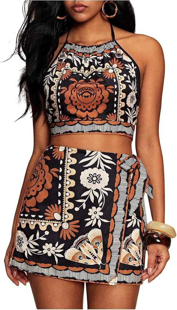 SweatyRocks Women's 2 Piece Summer Vacation Outfits Boho Tie Back Halter Crop Top and Wrap Shorts... | Amazon (US)