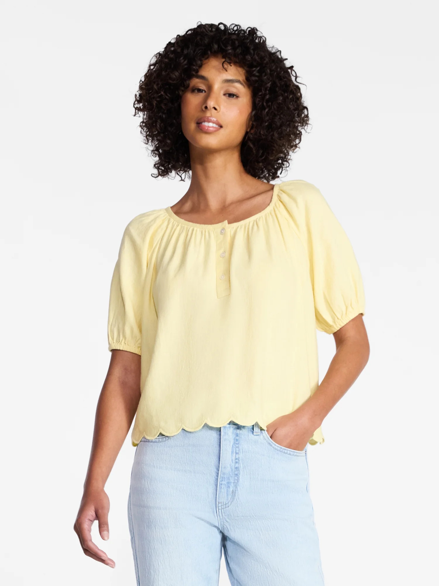 Time and Tru Women's Linen Blend Blouse with Scalloped Hem, Sizes XS-XXXL | Walmart (US)