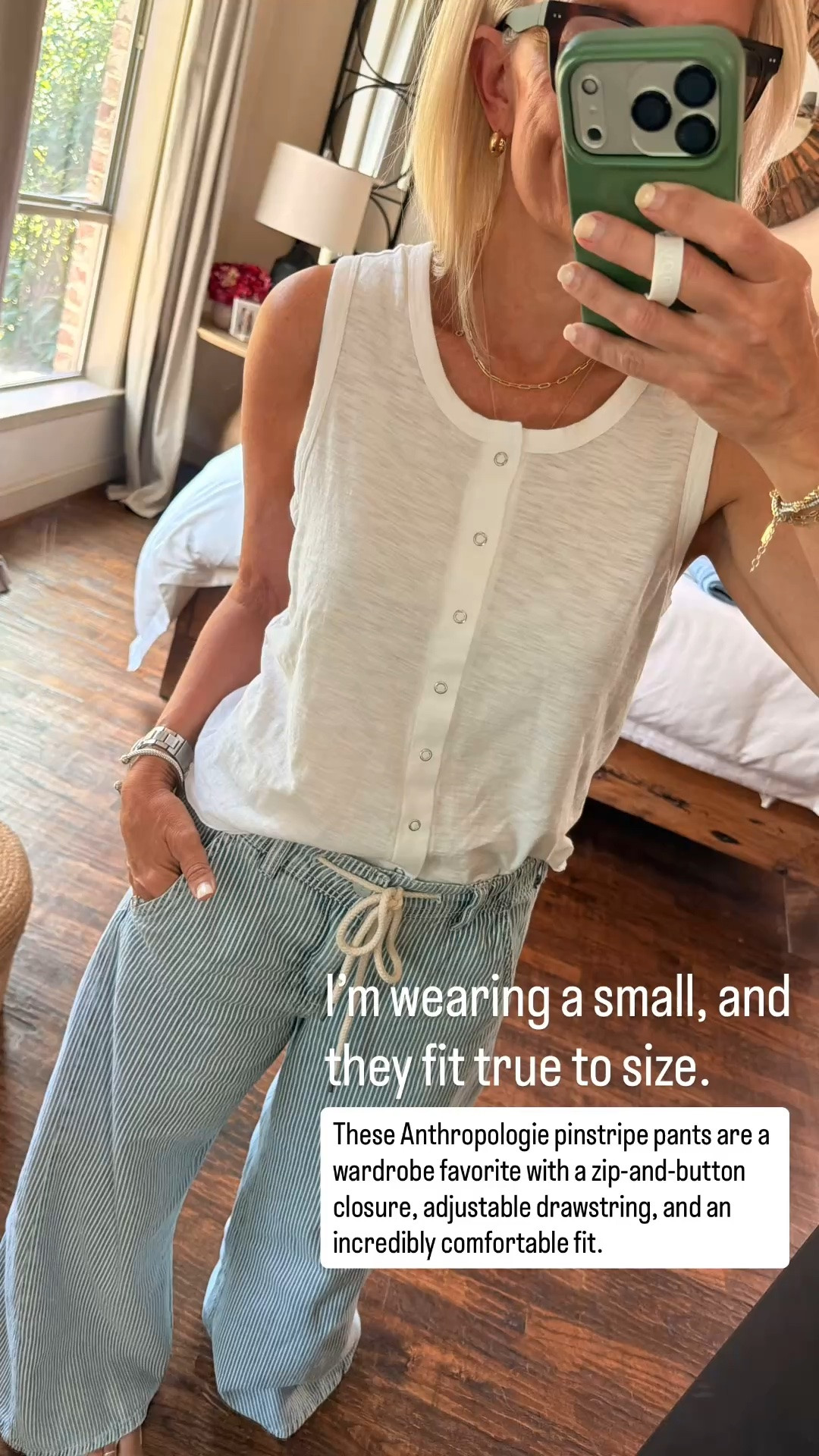 These Anthropologie pinstripe pants are one of my all-time favorite finds! They’re incredibly comfortable with a zip-and-button closure plus a functional drawstring for the perfect fit. I’m wearing a small, and they fit true to size. I love this style so much that I now own it in four different washes!

💡 LTK MADE EASY
❤️ Heart = Support my posts!
🔖 Save = Get sale & restock alerts
📋 Lists = Keep favorites organized
📲 Share = Send lists and products to a friend. Hello, Christmas List!
💬 Comment = Ask me anything about what I’m wearing. :-)

#LTKootd #LTKOver40 #LTKSaleAlert