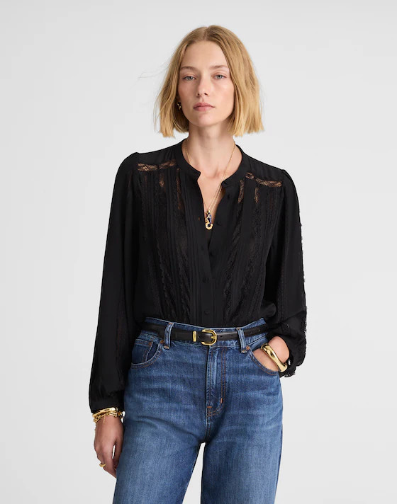 Lace-Insert Button-Up Long-Sleeve Top | Madewell