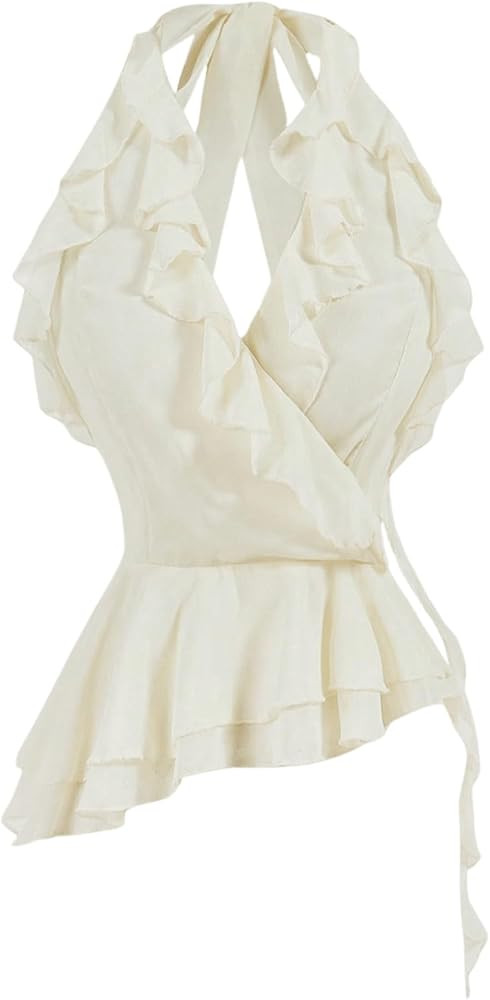 Milumia Women's Ruffle Halter Top Wrap V Neck Peplum Tie Backless Asymmetrical Going Out Tops | Amazon (US)