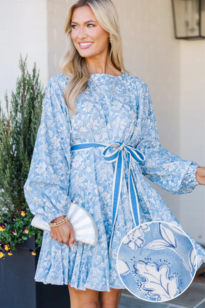 Stay Close Blue Floral Toile Tied Waist Dress | The Mint Julep Boutique