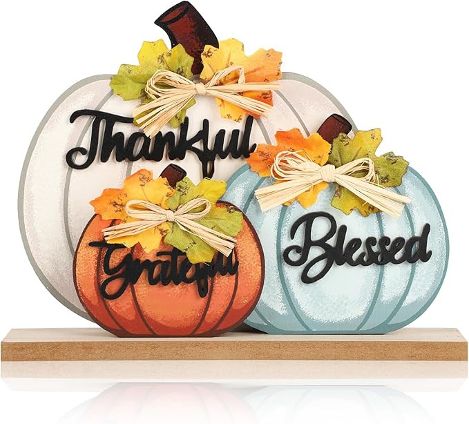3 Pcs Fall Pumpkin Decor Wooden Table Sign Thankful Blessed Grateful Tabletop for Autumn Farmhous... | Amazon (US)