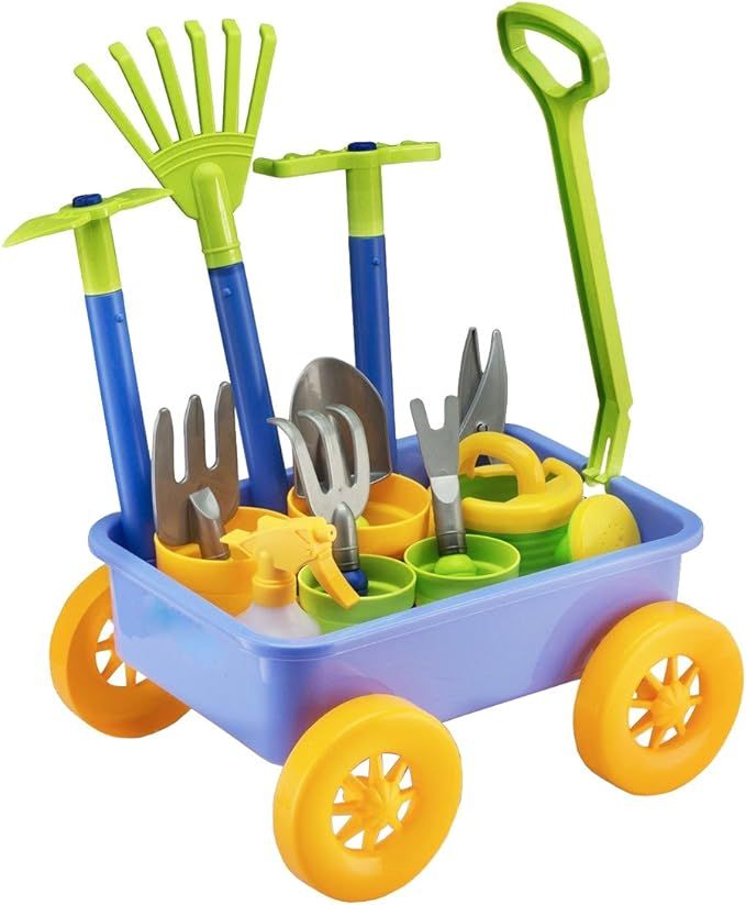 deAO Pull Along Wagon Kids Wheelbarrow and Gardening Tools Playset Game of Botany and Gardening f... | Amazon (US)