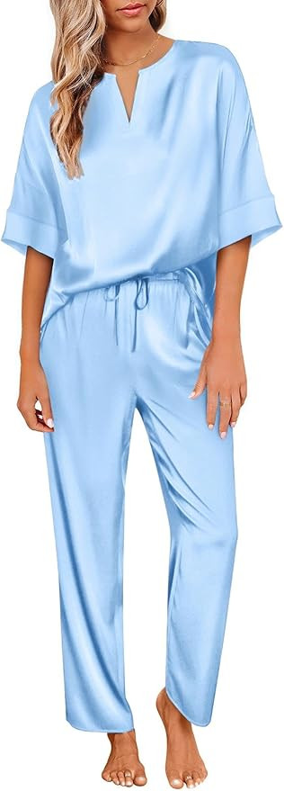 Ekouaer Satin Pajama Set Womens Silk Short Sleeve V Neck Shirt with Long Pant Soft Loungewear Pjs... | Amazon (US)
