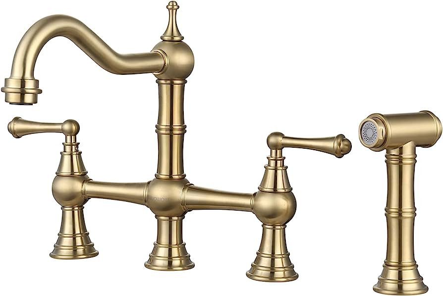 WOWOW Brass Kitchen Faucet Bridge with Side Sprayer, 4 Hole Kitchen Faucet 2 Handle 8 Inch Center... | Amazon (US)