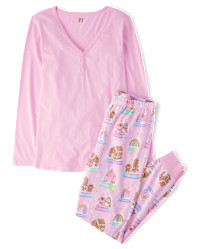 Womens Mommy And Me Gingerbread Snow Globe Cotton Henley Pajamas - pink | The Children's Place