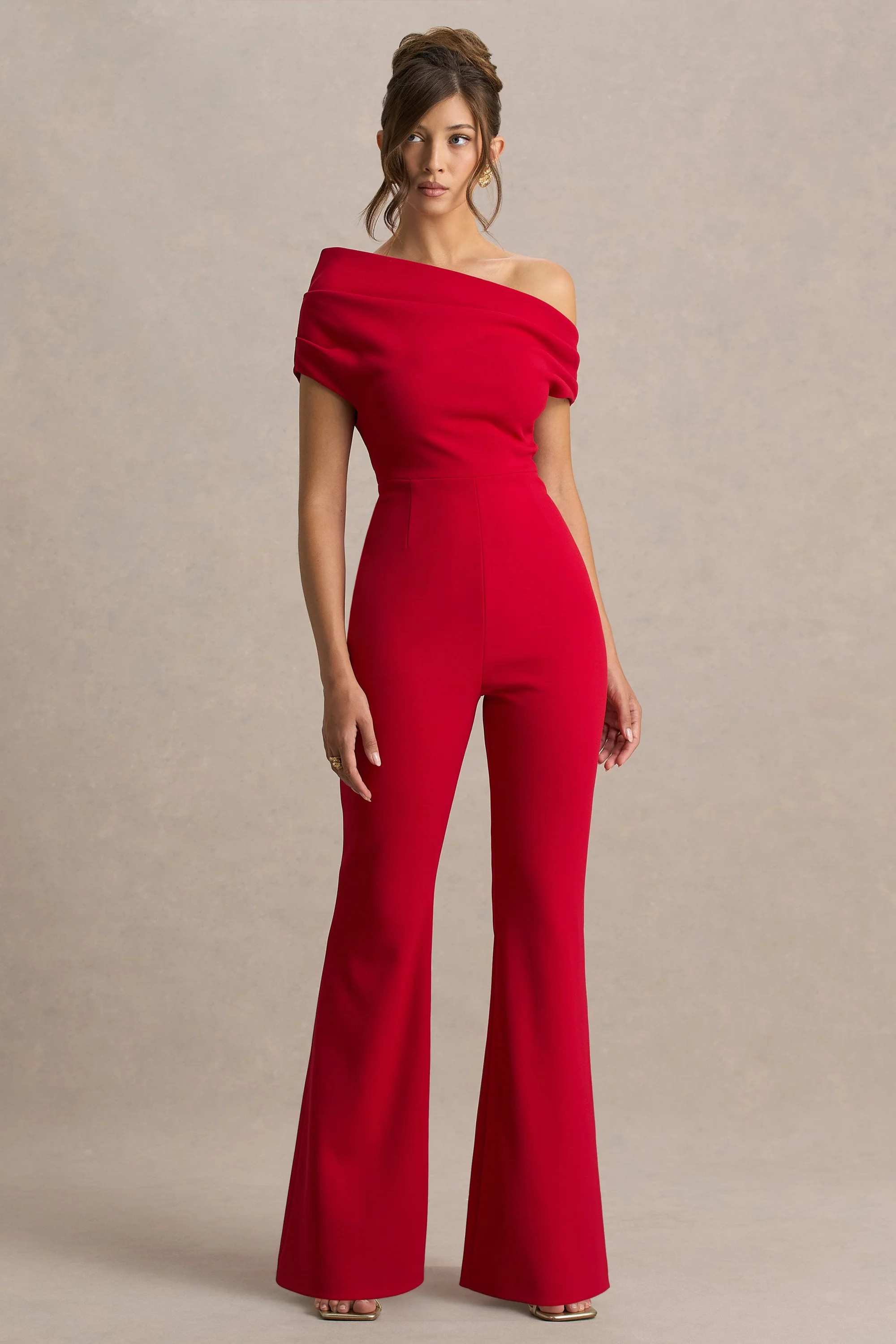 Alexandra  Red Asymmetric-Neck Draped Jumpsuit | Club L London