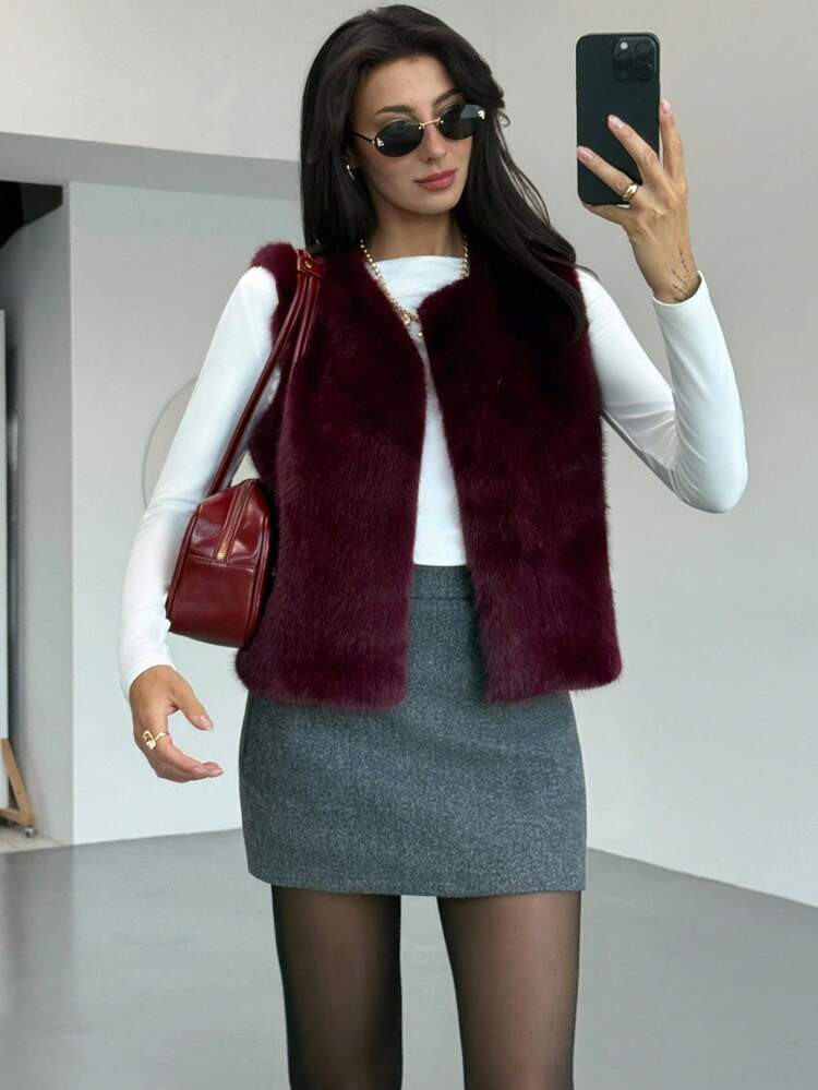 Aloruh Sleeveless Basic Outerwear, Elegant Fashion Faux Fur Coat In Fall/Winter | SHEIN
