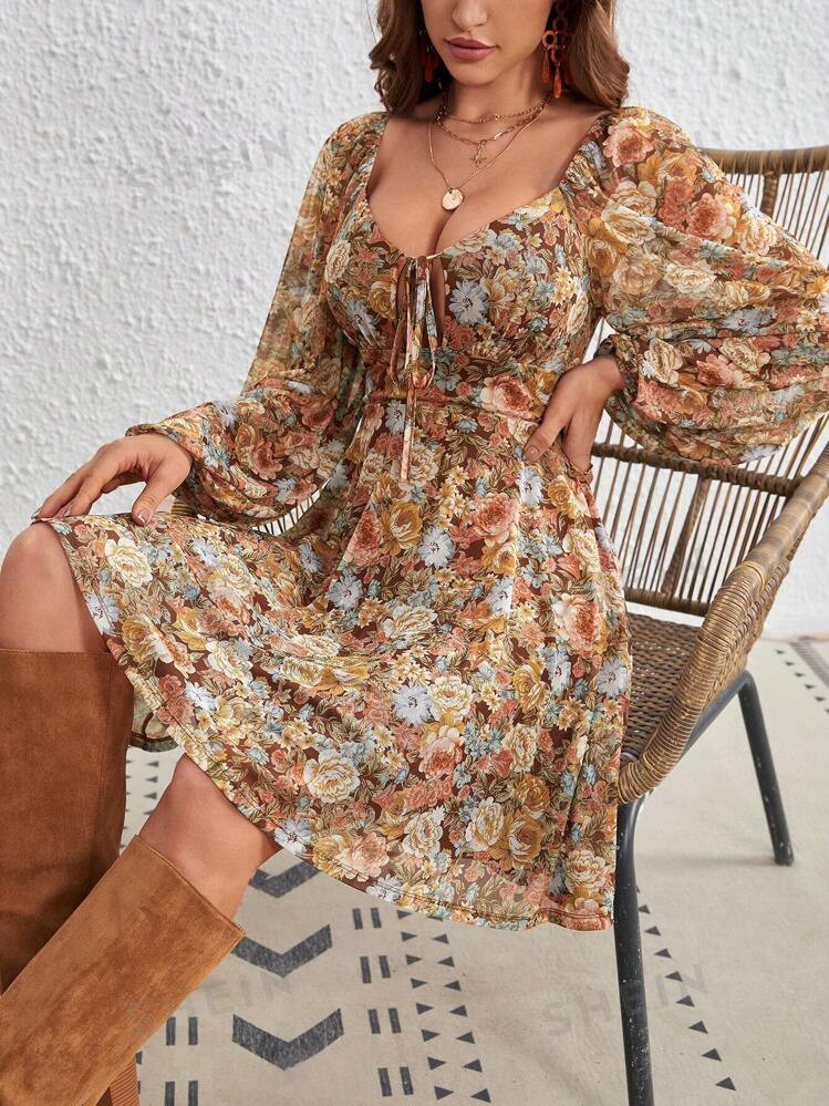 SHEIN VCAY Floral Print Knot Front Lantern Sleeve Dress | SHEIN USA | SHEIN