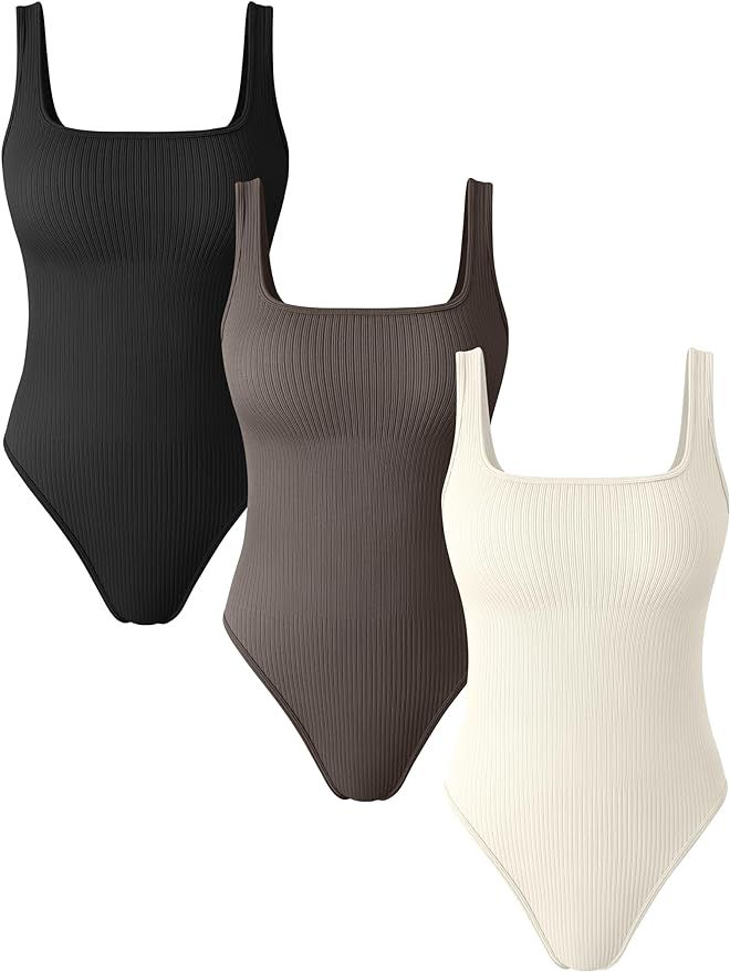 OQQ Women's 3 Piece Bodysuits Sexy Ribbed Square Neck Basic Stretch Tank Tops Bodysuits | Amazon (US)