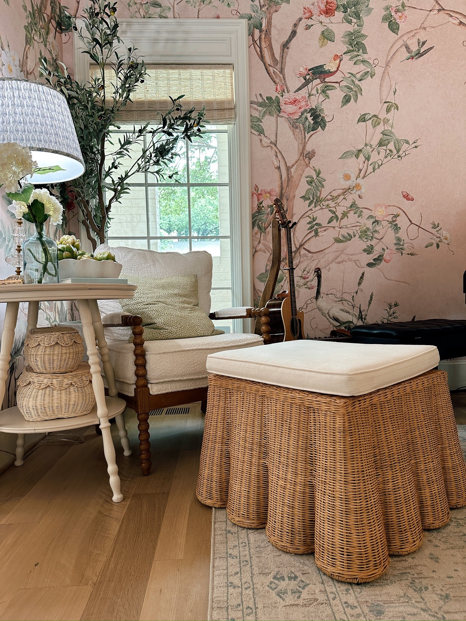 This cozy corner is giving cottagecore dreams 🌸🌿 Rounded up all the Amazon finds that brought this space to life—from the scalloped wicker ottoman to the faux olive tree and floral wallpaper. Linked everything on LTK! #AmazonHome #LTKhome #CottagecoreDecor #CozyCorner #WickerDecor 

#LTKStyleTip #LTKHome