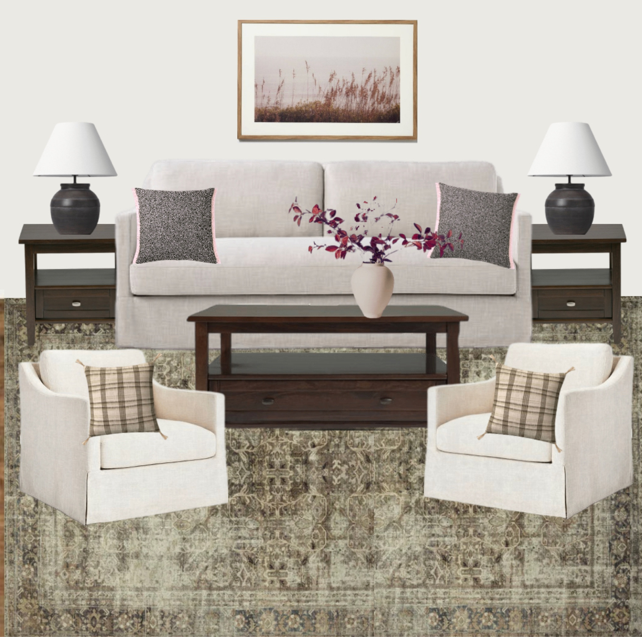 Green, beige and gray living room design featuring McGee and Co furniture, target lamps, Amber Lewis x Loloi rug, handmade side table, fall decor, plaid pillows, chestnut coffee table, coffee table, home sale

#LTKsalealert #LTKSale #LTKhome