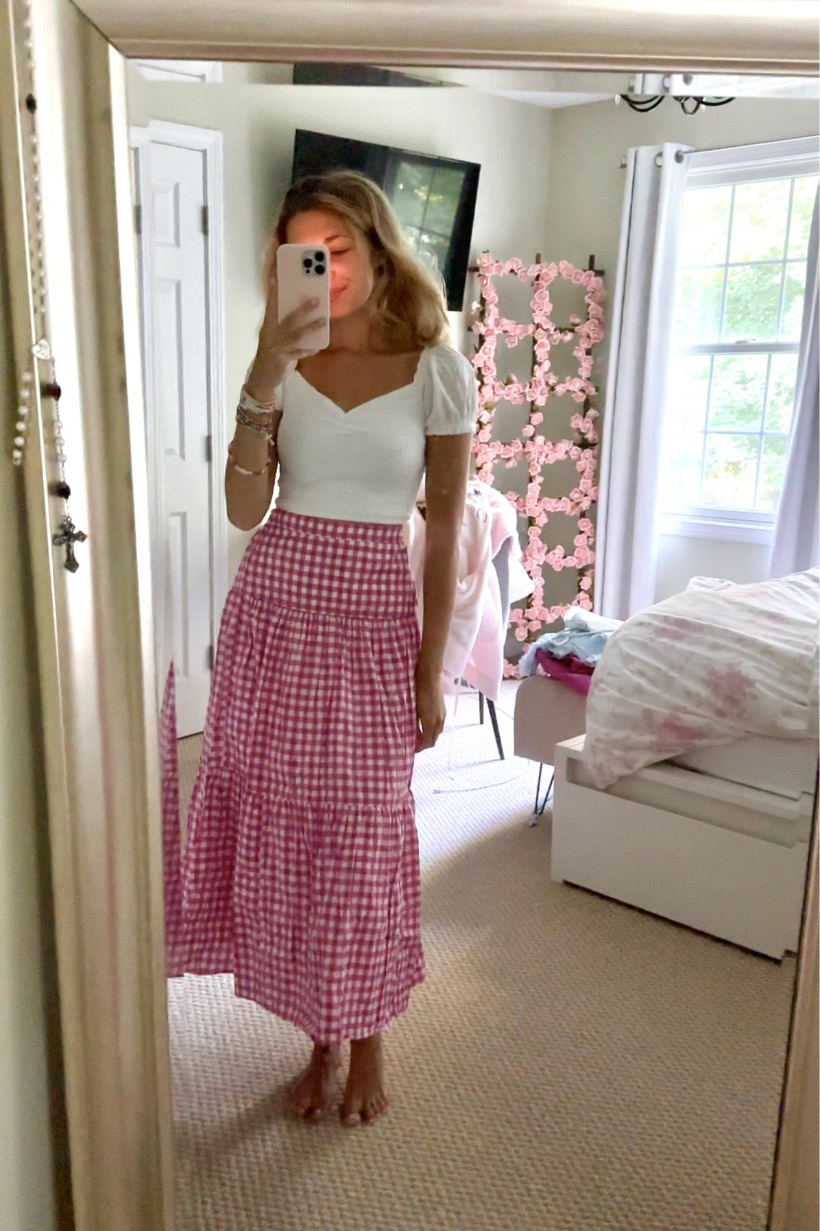 Pink gingham maxi skirt with white crop top 🤍

#LTKworkwear #LTKunder50 #LTKSeasonal