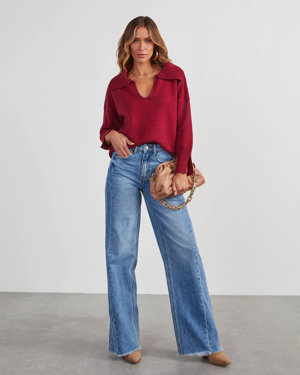 Avaleigh Collared Pullover Sweater - Burgundy | VICI