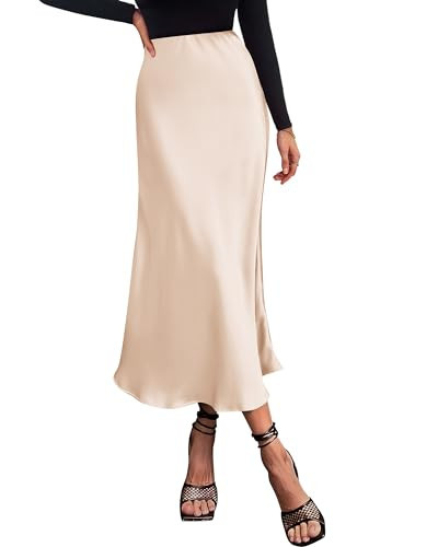BTFBM 2025 Womens Summer Fall Long Satin Skirt Silk Elegant High Waist Cocktail Party Wedding Flowy A-Line Midi Skirts(Beige, Small) | Amazon (US)