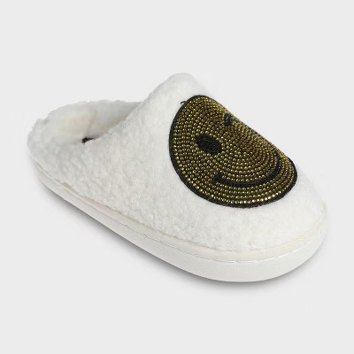 Kensie Slippers for Kids Smiley Face Slipper Shoes for Girls - Fuzzy Cute Slipper with Rhinestones for Little Kid/Big Kid, Ivory - Smiley, 11-12 | Target