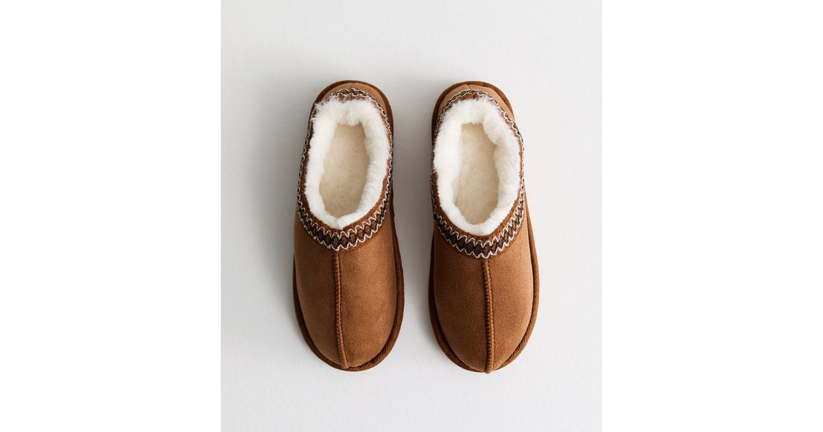 Tan Faux Fur Lined Abstract Print Trim Slipper Boots | New Look | New Look (UK)