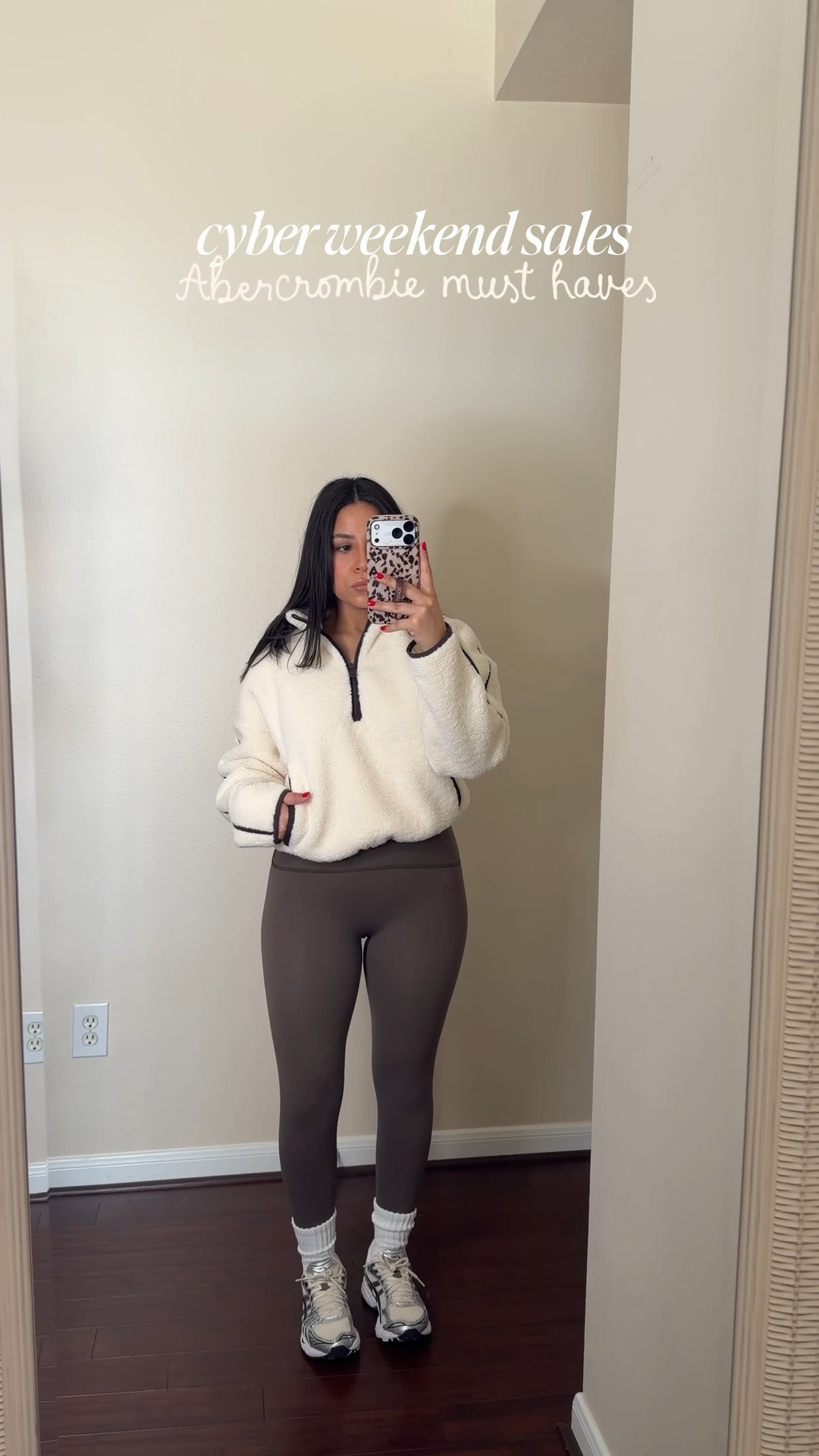 Abercrombie up to 40% off sitewide, no code needed
Half zip Sherpa jacket: xs 
Leggings: small 
ASICS sneakers: 5 men 
Sequin wrap dress: small petite 
Black heels: 6.5 
Thermal tights 
Cuffed jeans: 25 short
Faux leather jacket: small 
Boots: 6.5 
Brown sequin skort: small 
Brown wool coat: small petite 
Brown sweatpants: small short 
Brown sweatshirt: xs #LTKCyberWeek 

#LTKSaleAlert #LTKootd