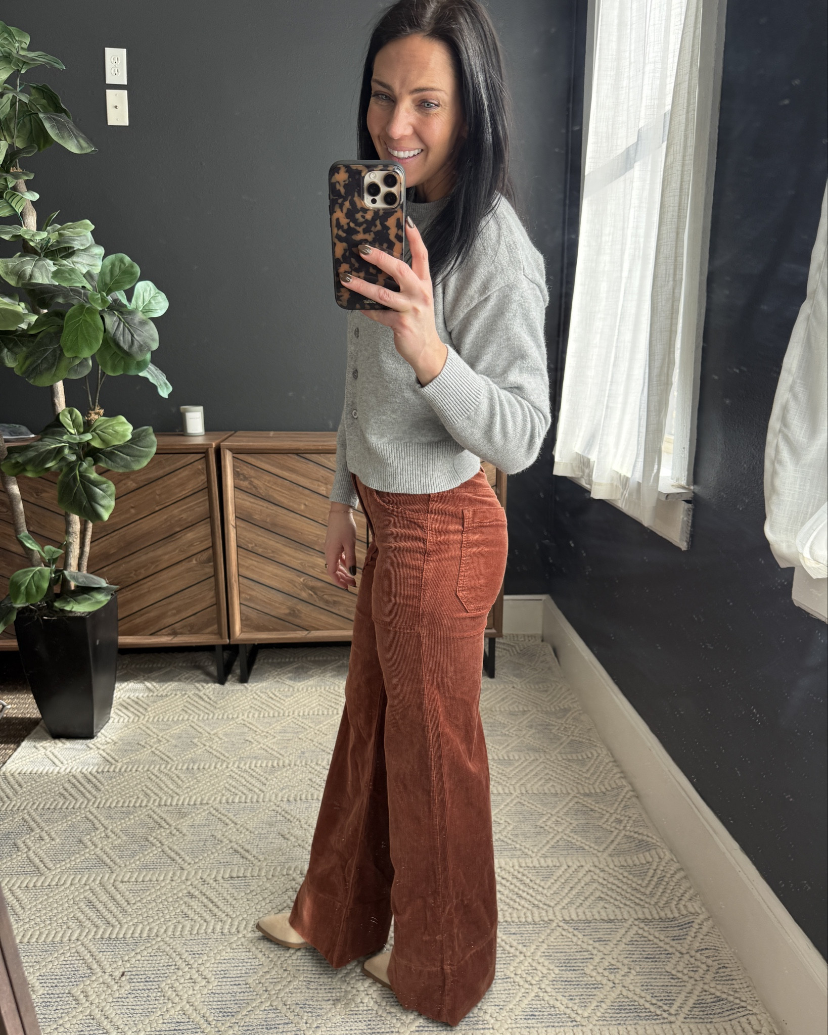 Flattering corduroy wide leg pants from Anthro. Love how these feel and look. Great price if they have your size! I went up one size with my pear shape since they are slim through the hips and thighs. 