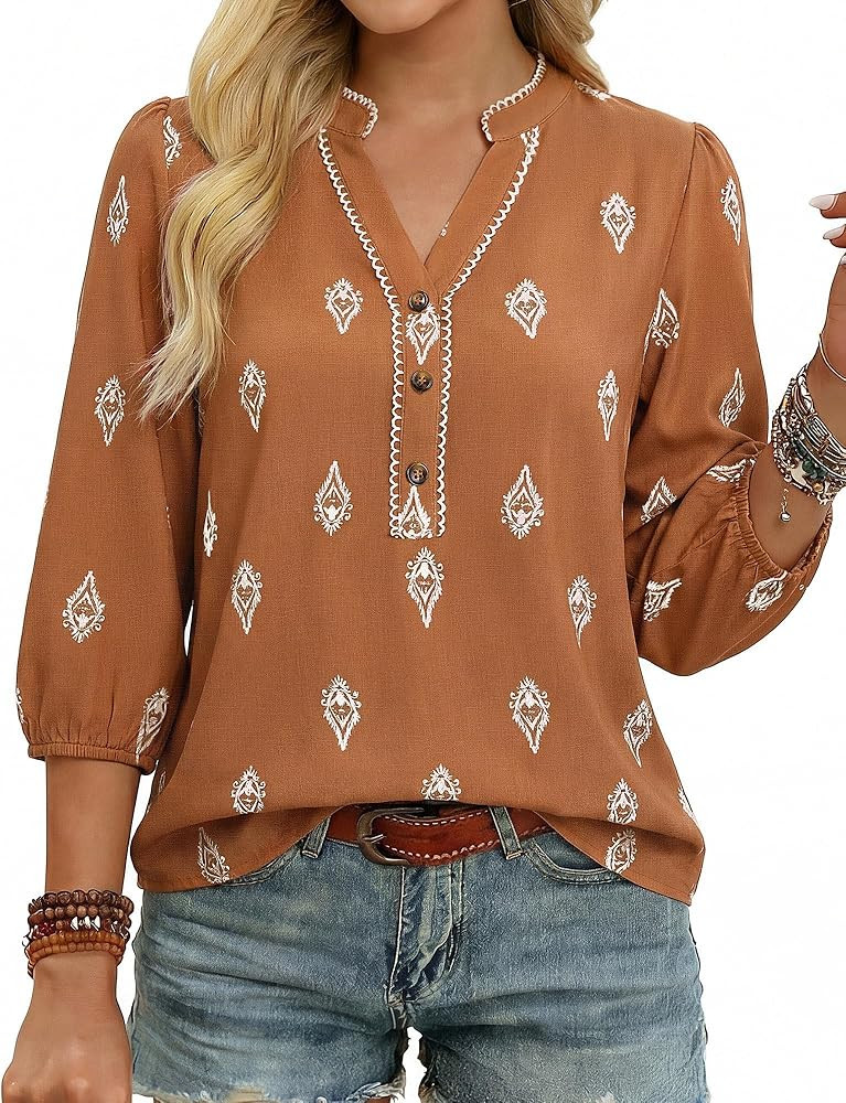 GRACE KARIN Boho Tops for Women Summer, Dressy Casual Floral Blouses, V Neck Button Up 3/4 Sleeve... | Amazon (US)