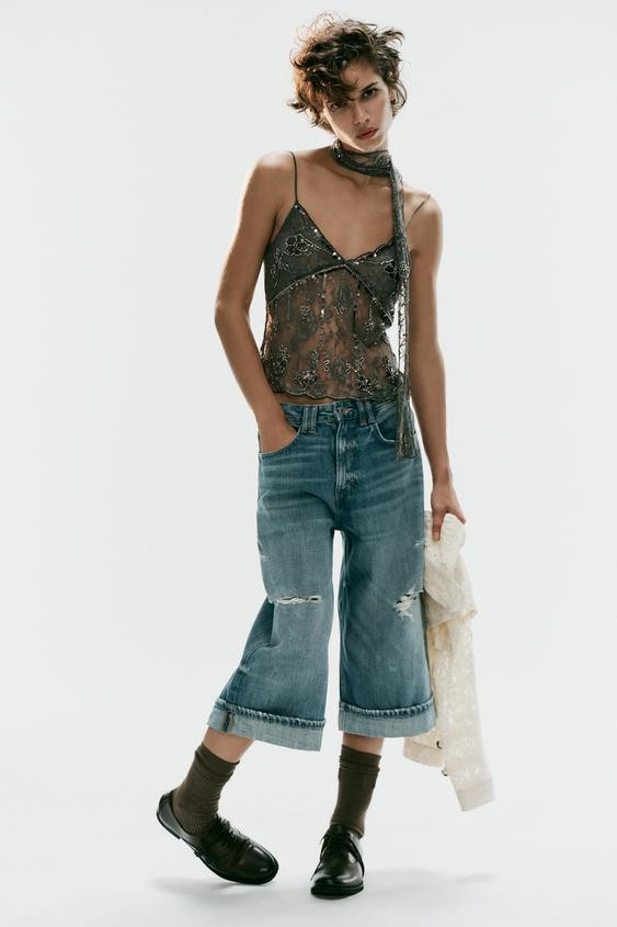 EMBROIDERED LACE TOP WITH SCARF | Zara UK