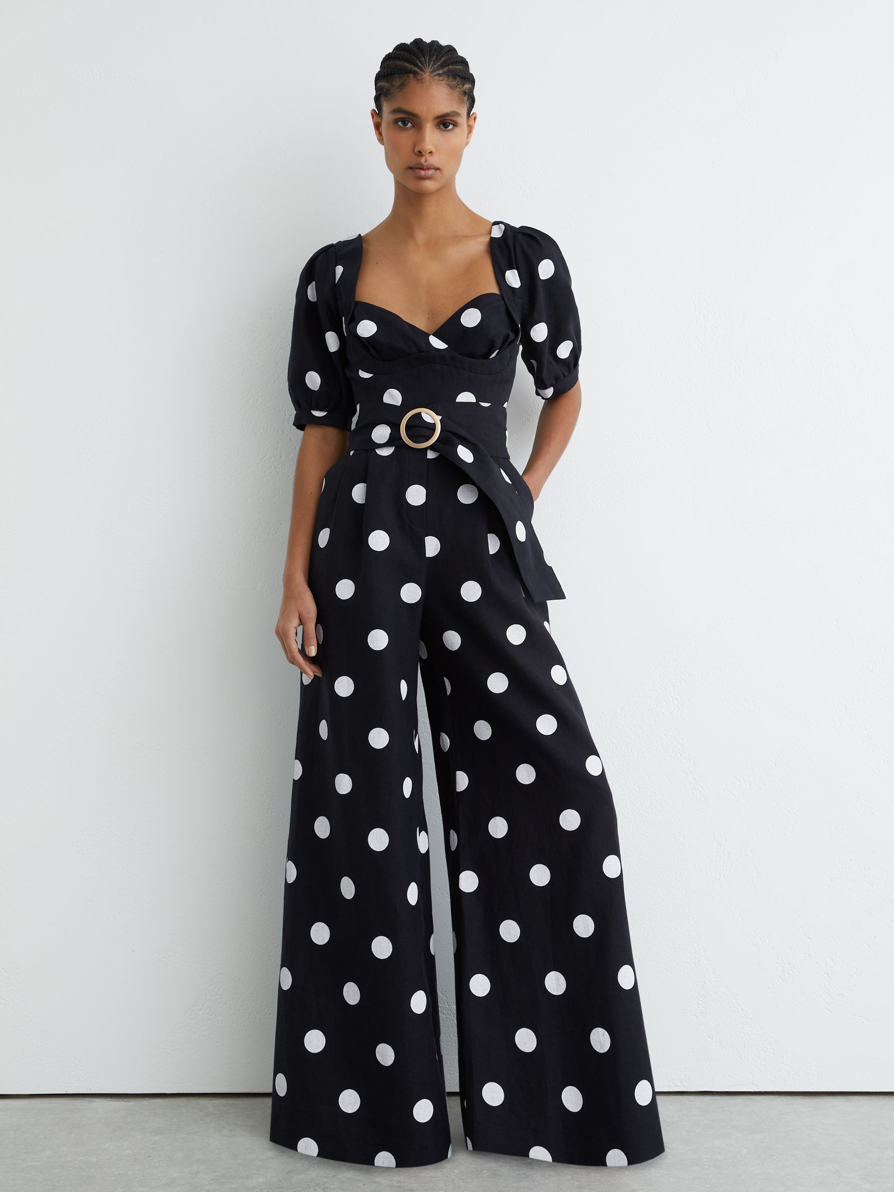 Linen Polka-Dot Wide-Leg Jumpsuit in Navy/Ivory | Reiss UK