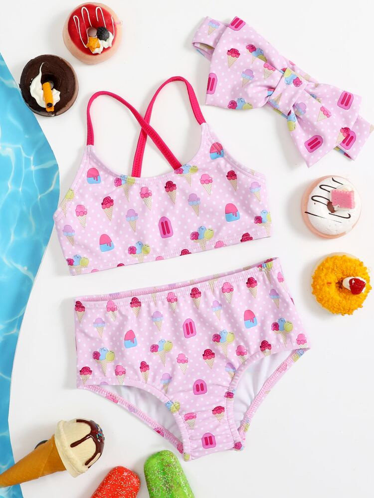 Baby Girl Random Print Cross Bikini Swimsuit & Hairband | SHEIN