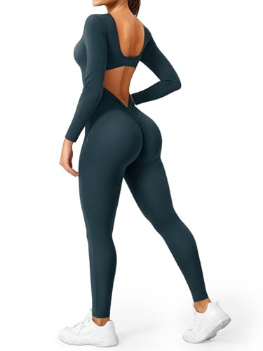 YEOREO Long Sleeve Jumpsuits for Women V Back Bodysuit Workout Full Length Bodycon Scrunch Leggings One Piece Romper | Amazon (US)