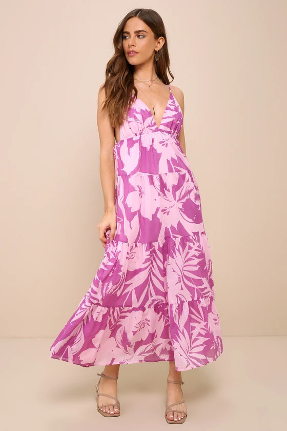 Island Attitude Pink Tropical Floral Tiered Backless Maxi Dress | Lulus