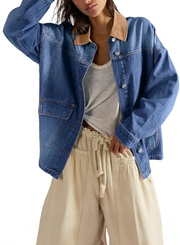 EVALESS Women's Oversized Jean Jacket Button Down Contrast Trim Barn Jackets Trendy Boyfriend Den... | Amazon (US)