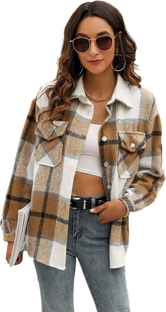 Himosyber Womens Casual Brushed Plaid Lapel Button Down Shacket Shirt Coat Jacket | Amazon (US)