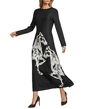 Antonio Melani Emerson Horse Print Satin Long Sleeve Round Neck Maxi Dress - 0 | Dillard's