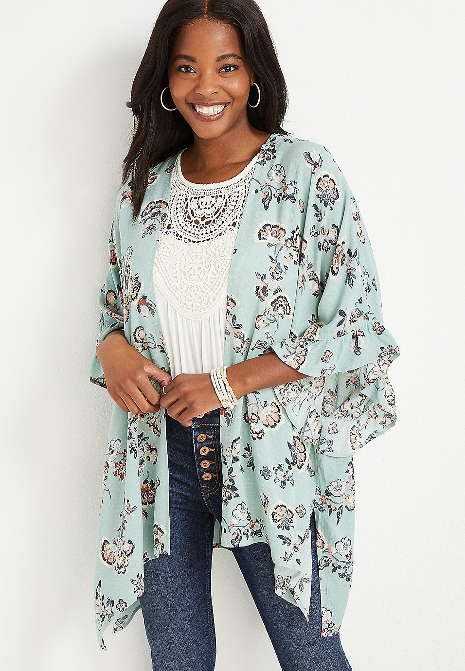 Floral Ruffle Sleeve Ruana | Maurices