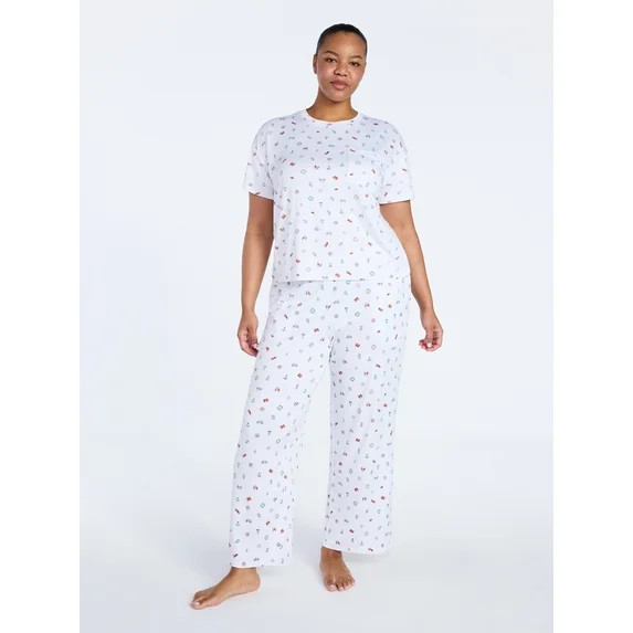 Joyspun Women's Dreamy Soft Collection Short Sleeve Sleep Top and Open Leg Pants Pajama Set, 2-Pi... | Walmart (US)