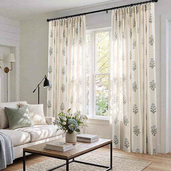 Floral Pinch Pleated Linen Farmhouse Curtains, Blue Green French Country Cottage Core Light Filte... | Amazon (US)