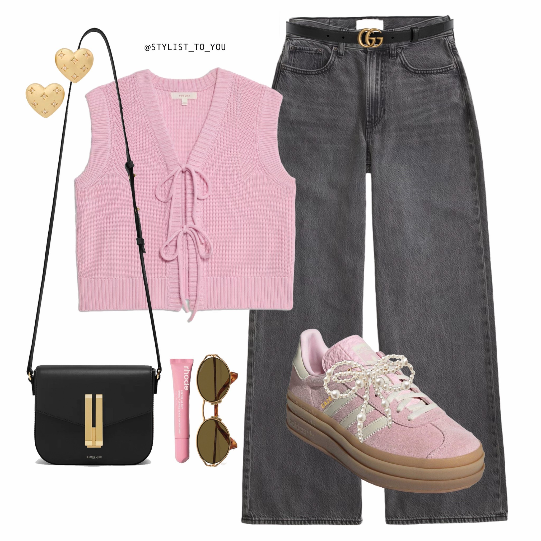 Who else is obsessed with styling charms atm? They are a big trend this year and add a personal touch h to bags and shoes allowing individuals to customise their accessories and make a statement with their style 🎀✨

A stylish casual outfit featuring a pink knit gilet vest waistcoat with tie details, wide-leg washed black jeans with a Gucci belt, pale pink suede Adidas sneakers trainers with gum soles decorated with a Pearl bow charm, a Demillier black structured crossbody bag with gold hardware, heart-shaped gold earrings, round sunglasses, and pink lip gloss. Pink vest, knitwear, casual outfit, wide-leg jeans, black denim, Gucci belt, Adidas sneakers, pink sneakers, gum sole, street style, trendy outfit, fashion inspiration, black crossbody bag, gold hardware, heart earrings, gold accessories, round sunglasses, pink lip gloss, beauty essentials, comfortable fashion, soft aesthetic, stylish casual, relaxed chic, modern look, neutral tones, monochrome style, soft pink, edgy touch, feminine style, everyday wear, effortless chic, cozy knit, transitional outfit, spring fashion, fall fashion, wardrobe essentials, must-have items, outfit idea, style guide, Y2K aesthetic.

#LTKspring #LTKstyletip #LTKuk